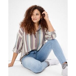 NWT American Eagle Oversized Striped Button Down Shirt Earth Tones Classic Small